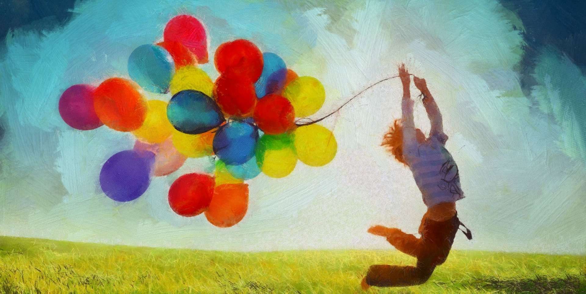 Rysunek skaczącego chłopca z kolorowymi balonami