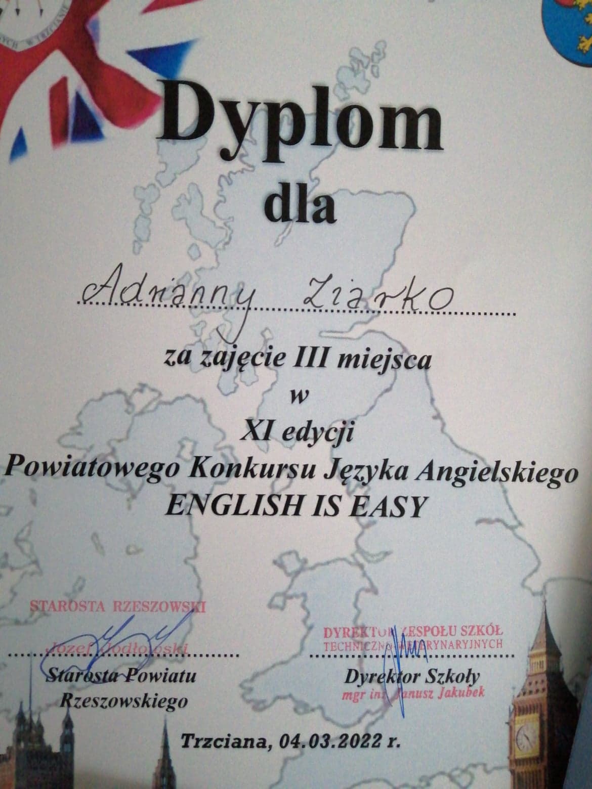 Dyplom z konkursu języka angielskiego