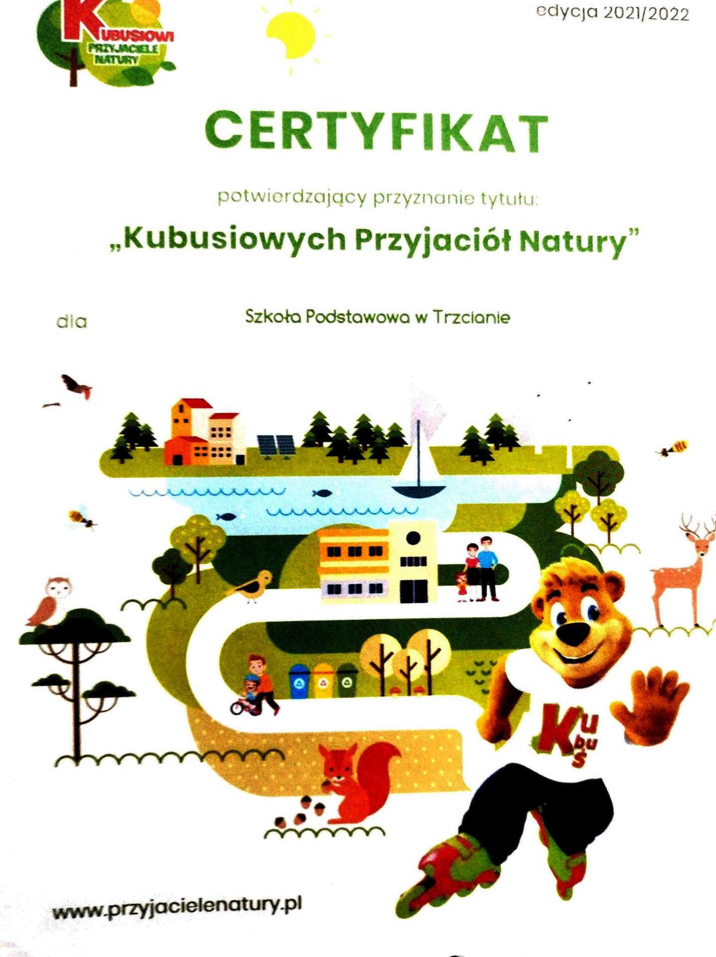 Certyfikat „Kubusiowi Przyjaciele Natury”